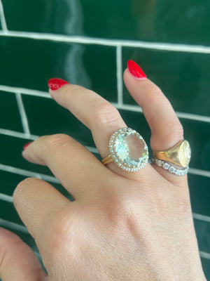 Green Amethyst and Seed Pearl Ring in 9ct Yellow Gold