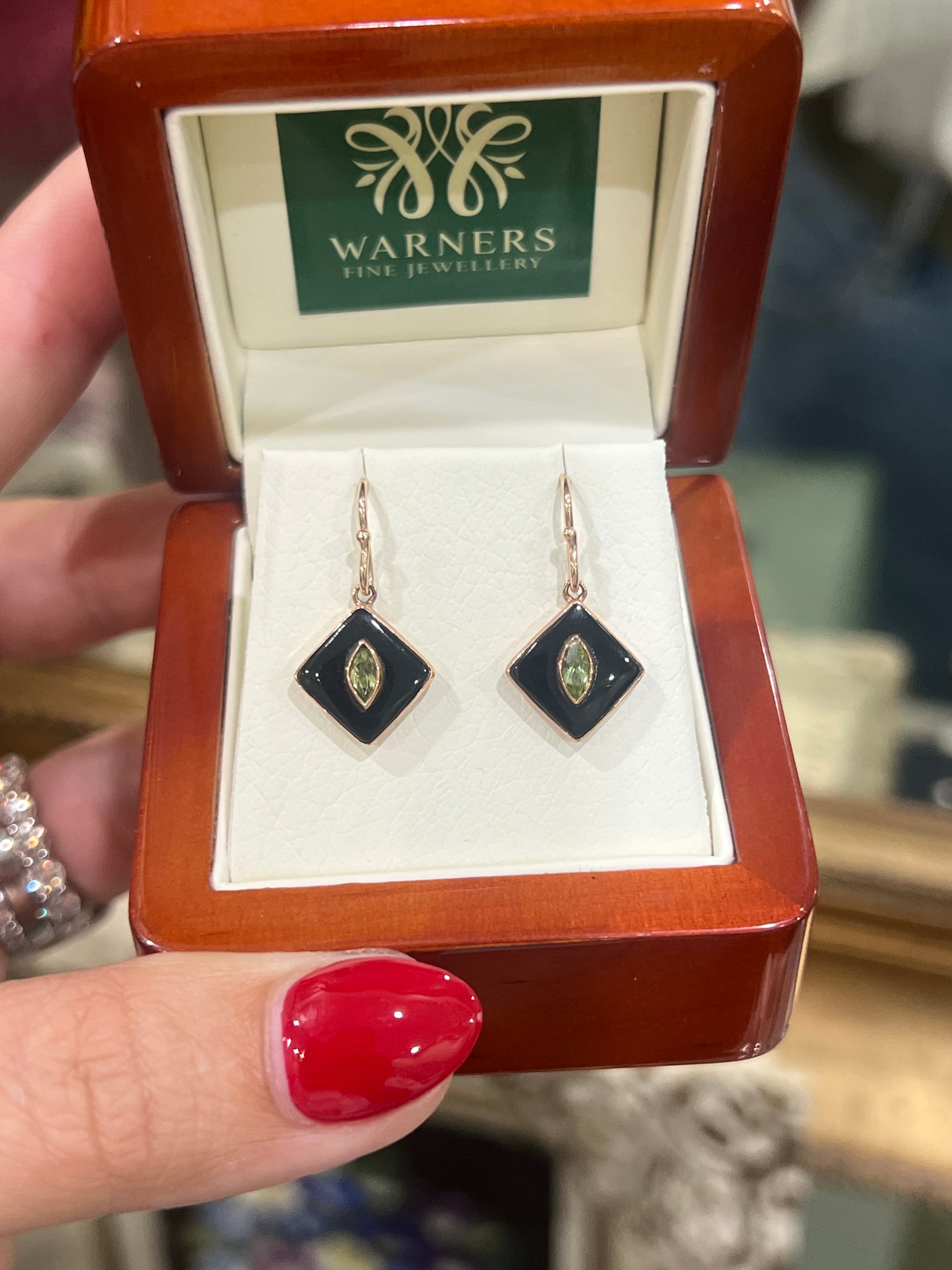 Peridot and Onyx Earrings in 9ct Rose Gold