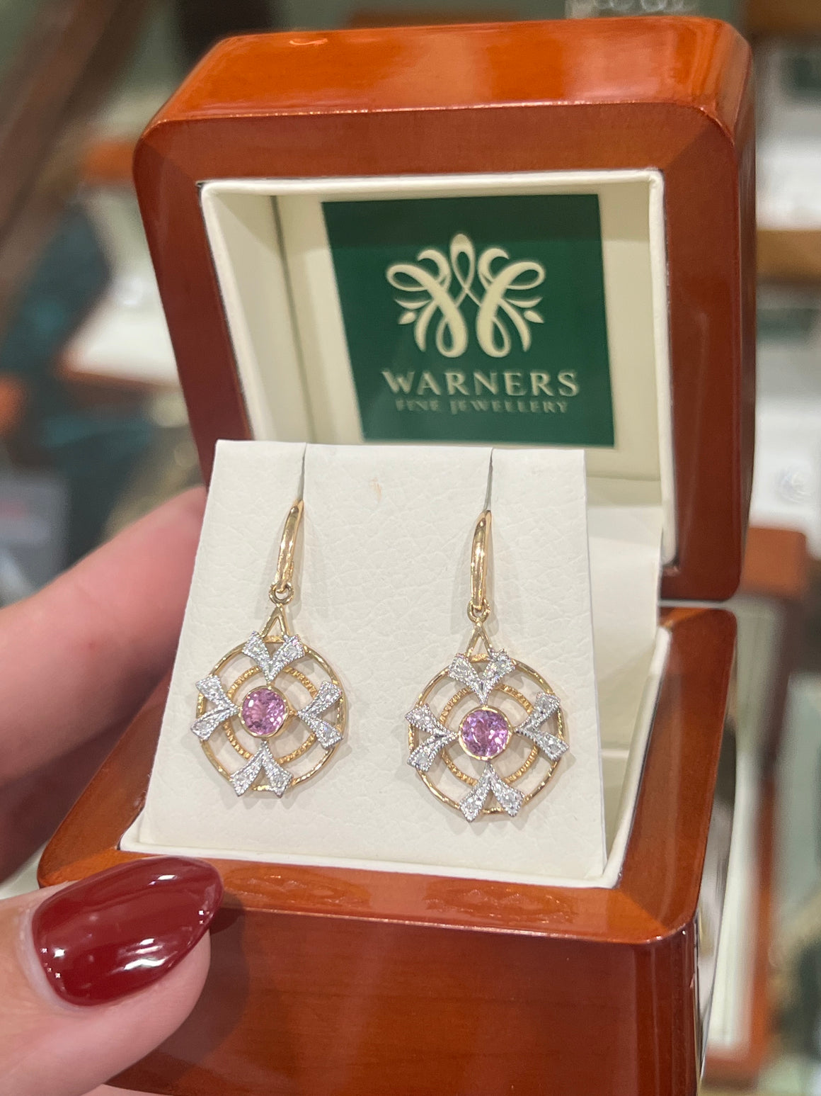 Pink Sapphire and Diamond Earrings in 9ct Yellow Gold