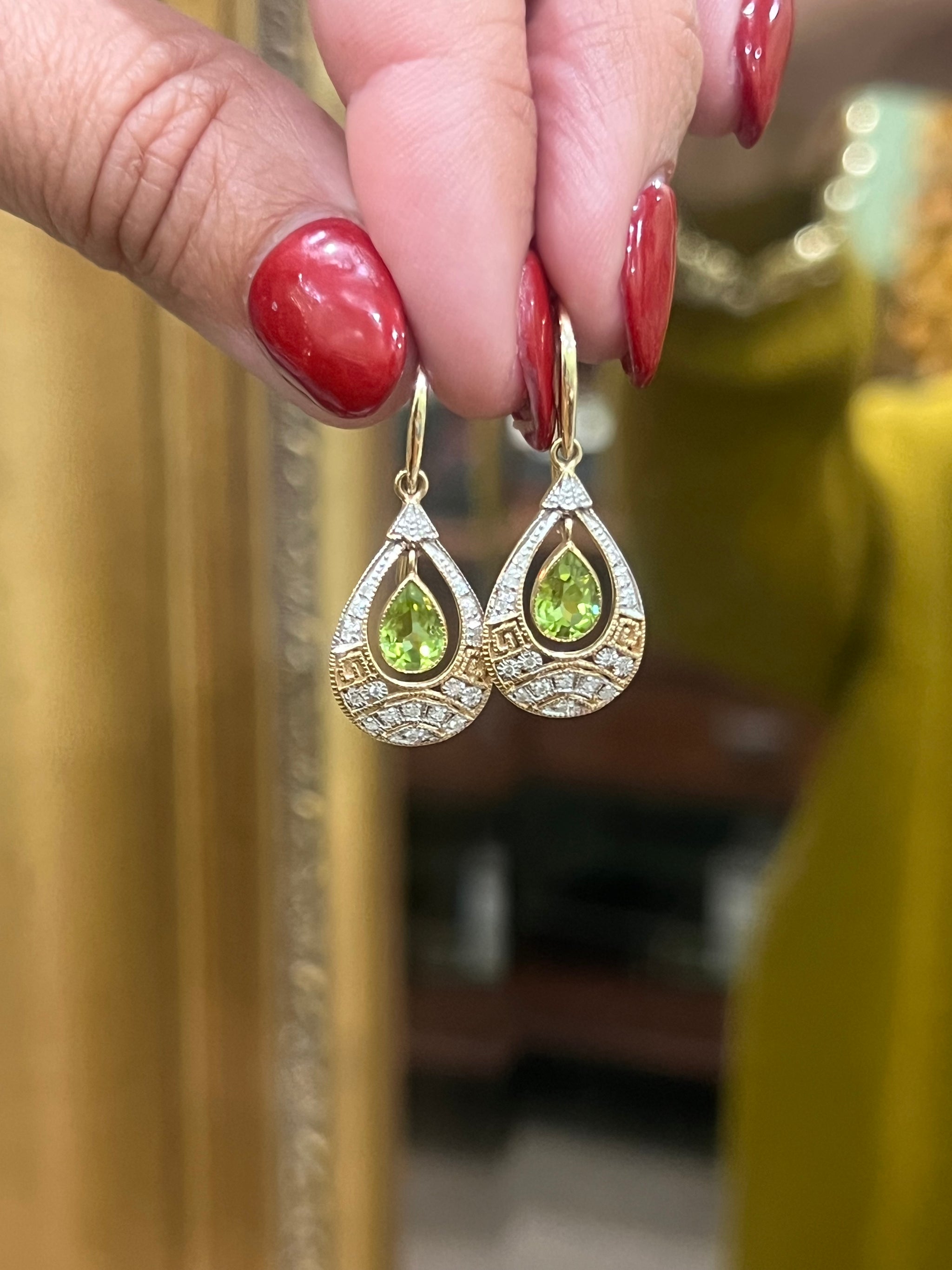 Peridot & Diamond Earrings in Yellow and White Gold