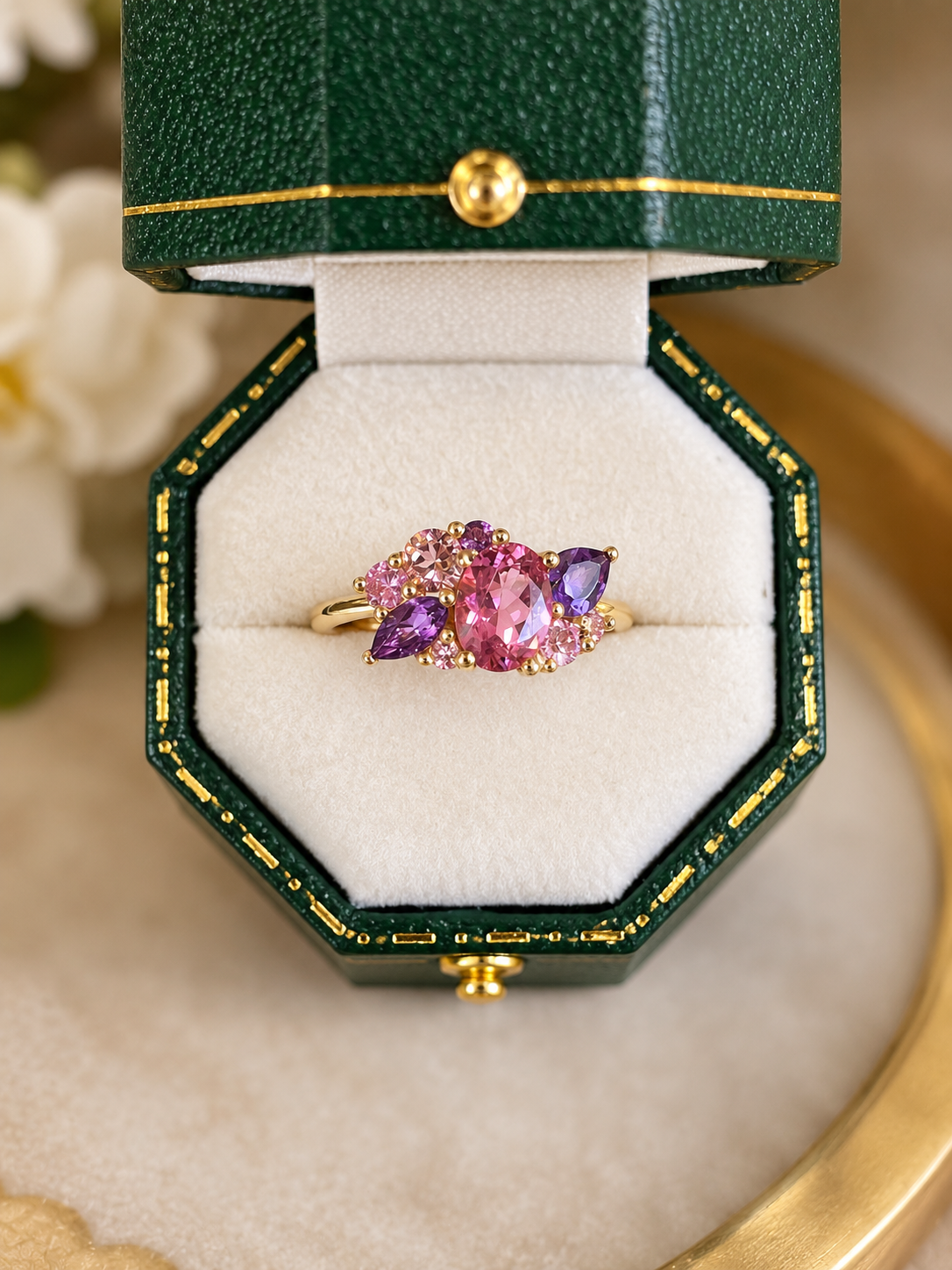 Pink Tourmaline, Sapphire and Amethyst Ring in 9ct Yellow Gold