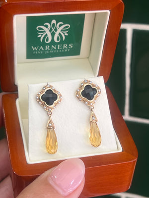 Citrine Onyx and Seed Pearl Earrings in 9ct Yellow Gold