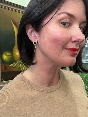 Citrine Onyx and Seed Pearl Earrings in 9ct Yellow Gold