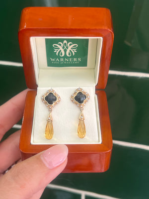 Citrine Onyx and Seed Pearl Earrings in 9ct Yellow Gold