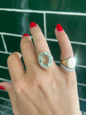 Green Amethyst and Seed Pearl Ring in 9ct Yellow Gold