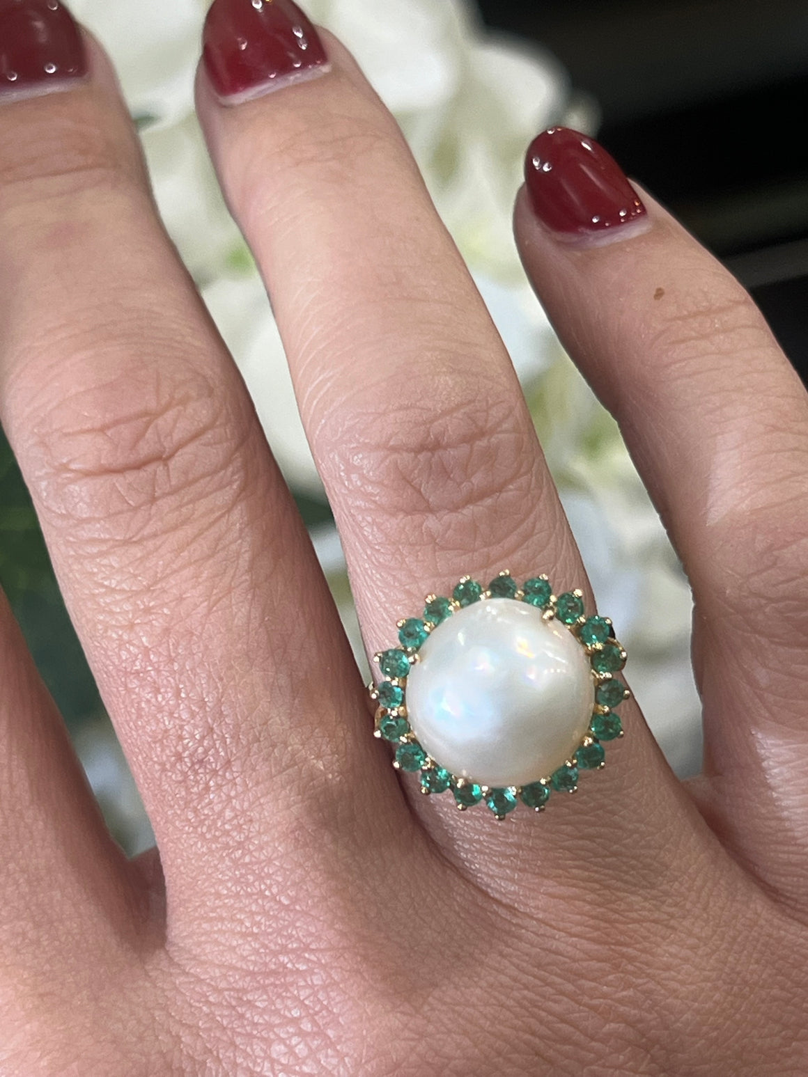 Mabe Pearl and Emerald Ring in 9ct Yellow Gold