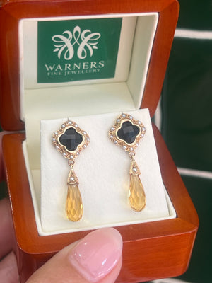 Citrine Onyx and Seed Pearl Earrings in 9ct Yellow Gold