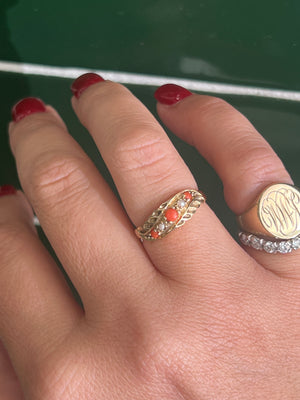 Coral and Pearl Ring in 9ct Yellow Gold
