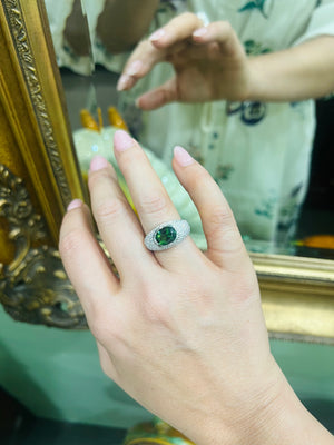 Green Tourmaline and Diamond Bombé Ring in 18ct White Gold