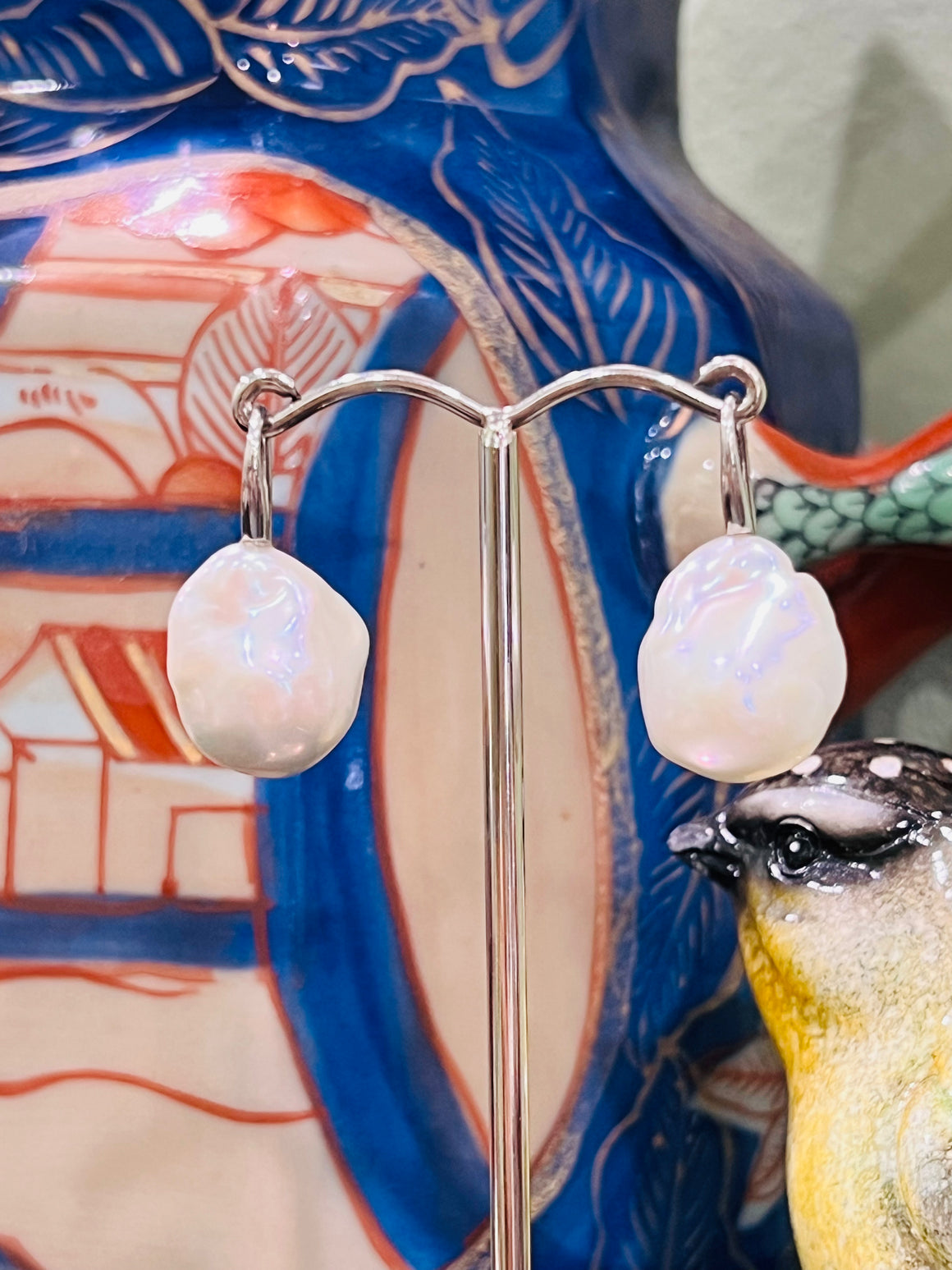 Baroque Pearl Swan Hook Earrings in 9ct White Gold