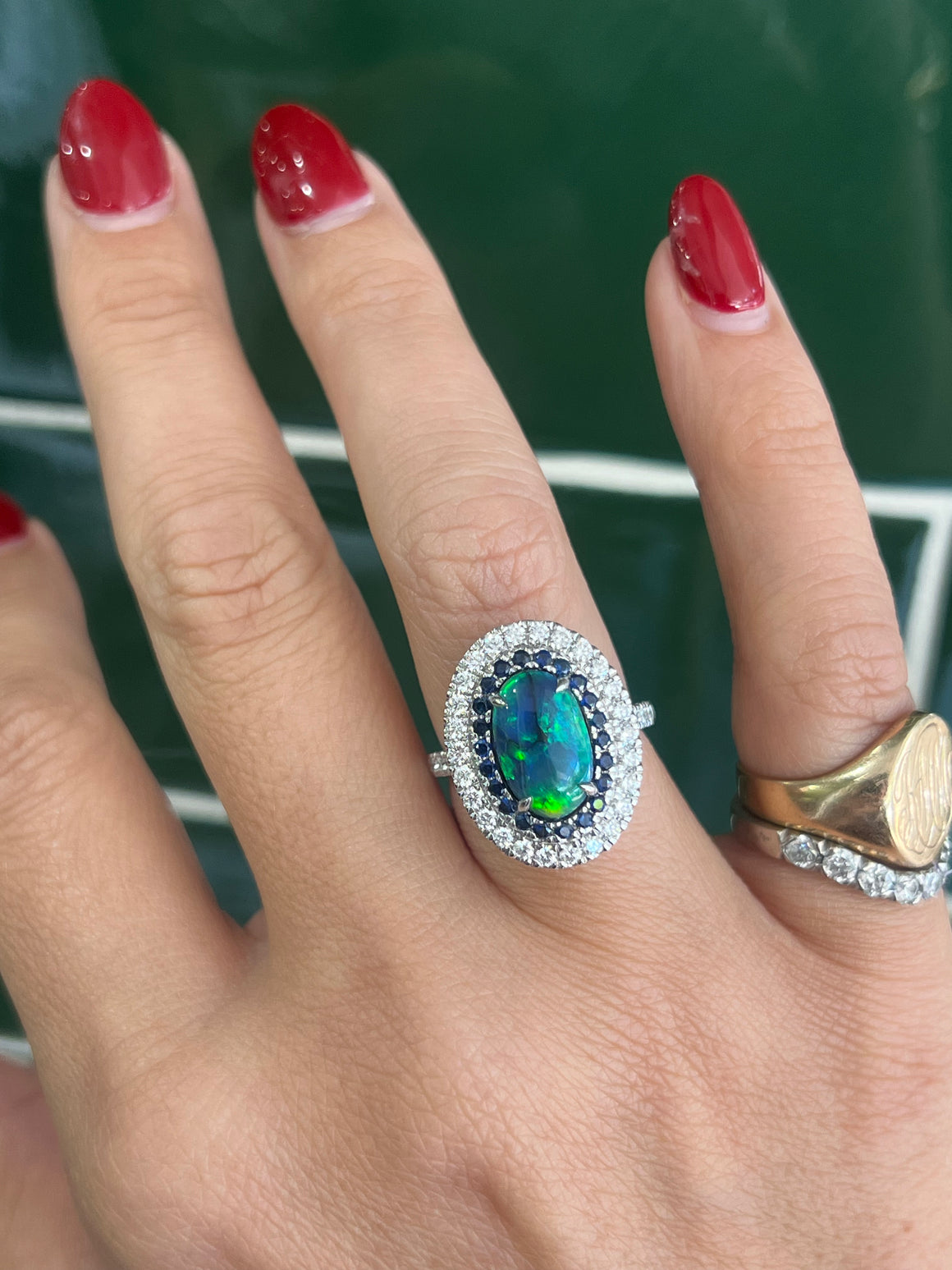 Black Opal, Sapphire and Diamond Ring in 18ct White Gold