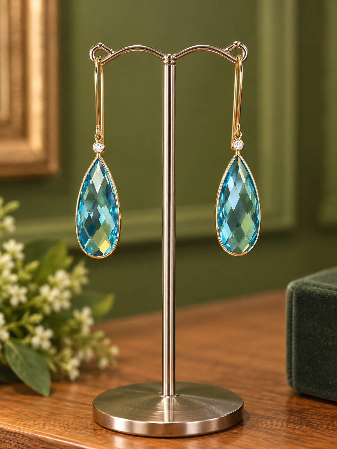 Blue Topaz and Diamond earrings in 9ct yellow gold