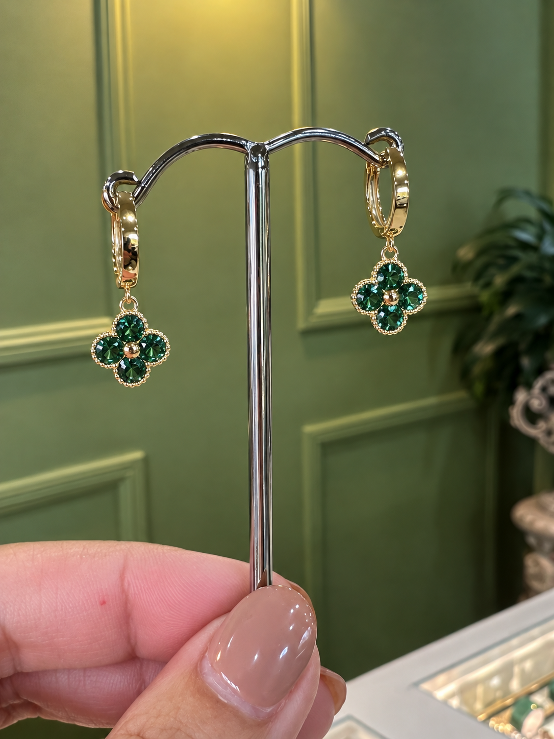 Green Quartz Clover Huggies in 9ct Yellow Gold