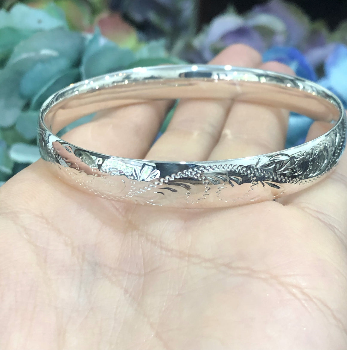 Solid Engraved Sterling Silver Bangle - 10mm