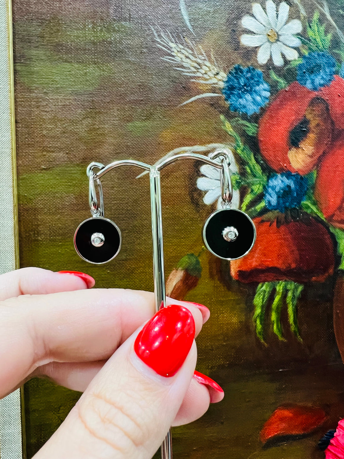 Onyx (round) and Diamond Earrings in Sterling Silver